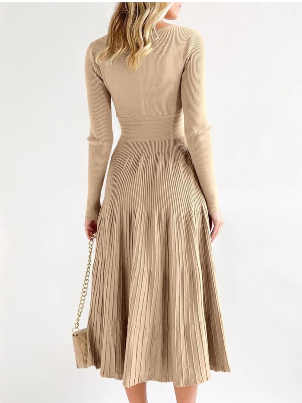 Saodimallsu Womens Long Sleeve Midi Sweater Dress- Khaki - Picture 2 of 3